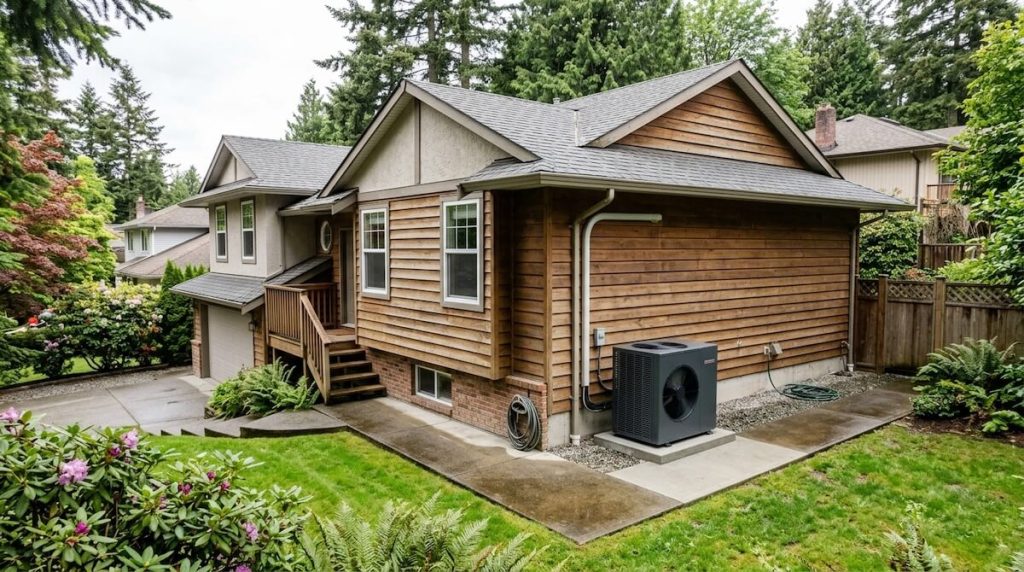 A residential home with a newly installed heat pump.