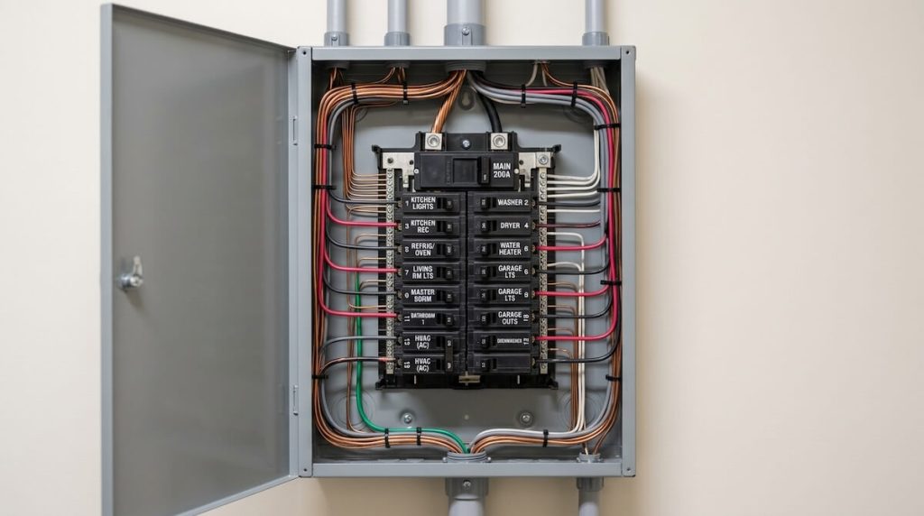 A brand new, professionally installed 200-amp electrical breaker panel.