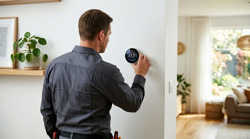 A professional HVAC technician looking at a modern digital thermostat.