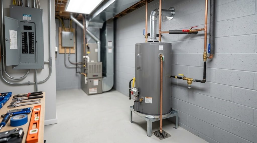 Newly installed hot water tank in a residential mechanical room.