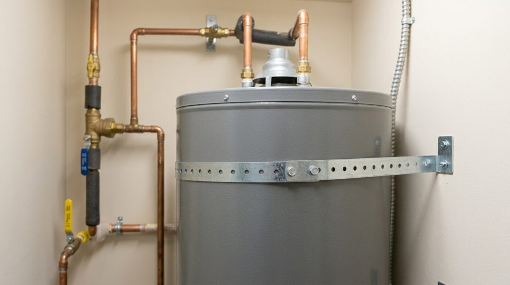 Hot water tank with seismic restraint.
